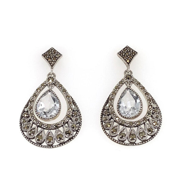 Sterling Silver Marcasite Clear Topaz Drop Earrings