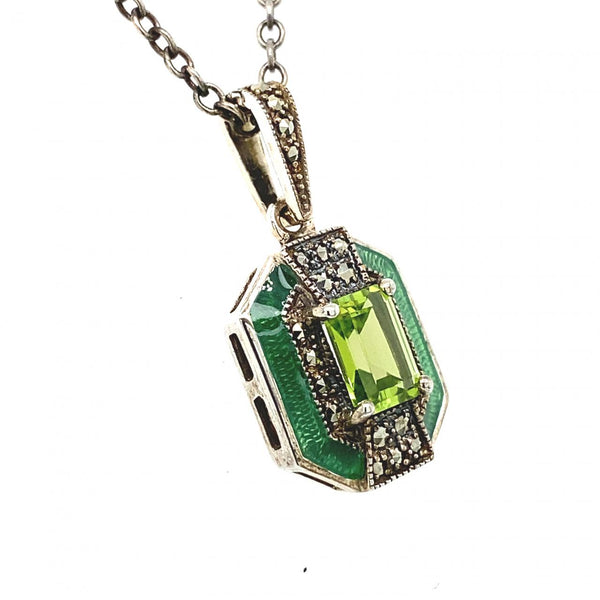 Sterling Silver Marcasite Necklace With Peridot And Green Enamel