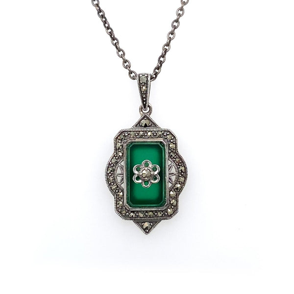 Sterling Silver Emerald Cut Green Agate and Marcasite Necklet