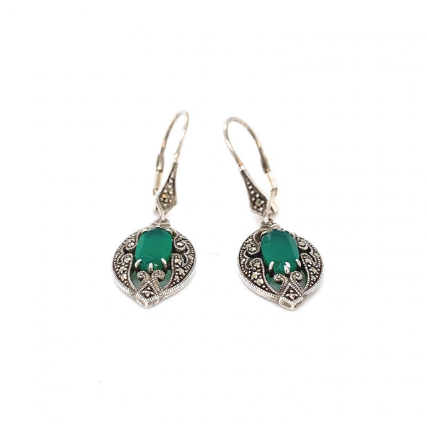 Sterling Silver Marcasite And Green Agate Drop Earrings 
