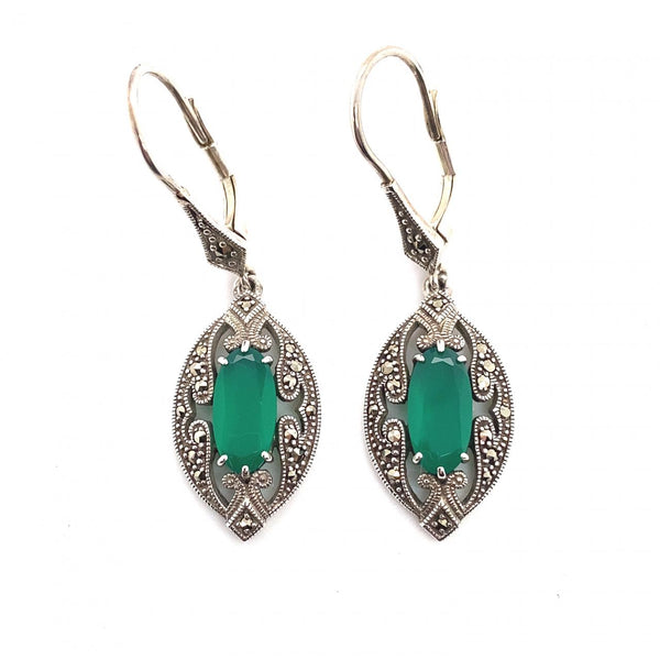 Sterling Silver Marcasite And Green Agate Drop Earrings 