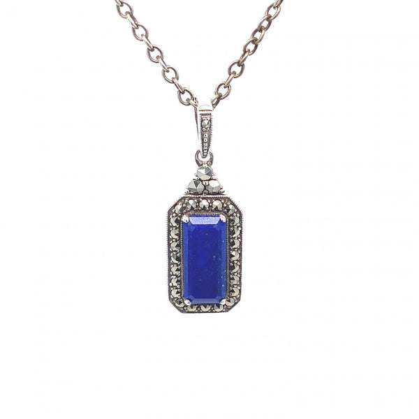 Sterling Silver Lapis And Marcasite Pendant And Chain 