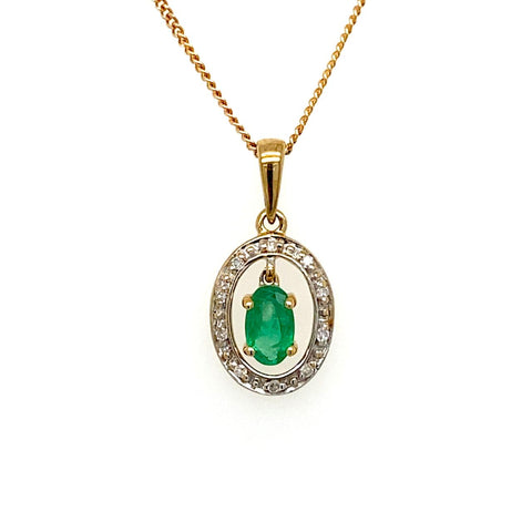 9ct Yellow Gold Natural Emerald And Diamond Pendant