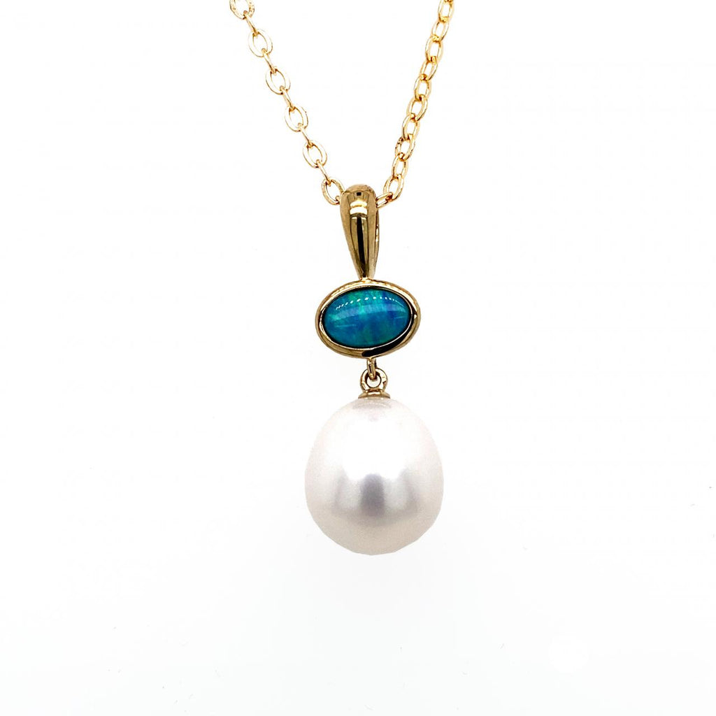 9ct Yellow Gold Solid Opal And Pearl Pendant
