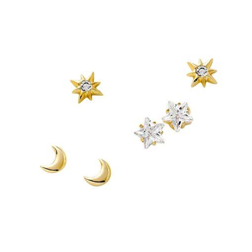 Yellow Gold Plated Star, Moon And Cubic Zirconia Stud Earrings (sold in one pack)