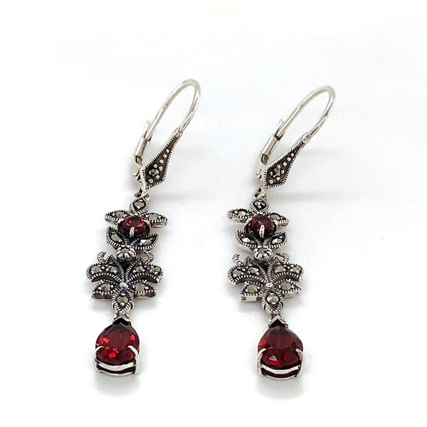 Sterling Silver Antique style Pear Garnet claw set drop Earrings