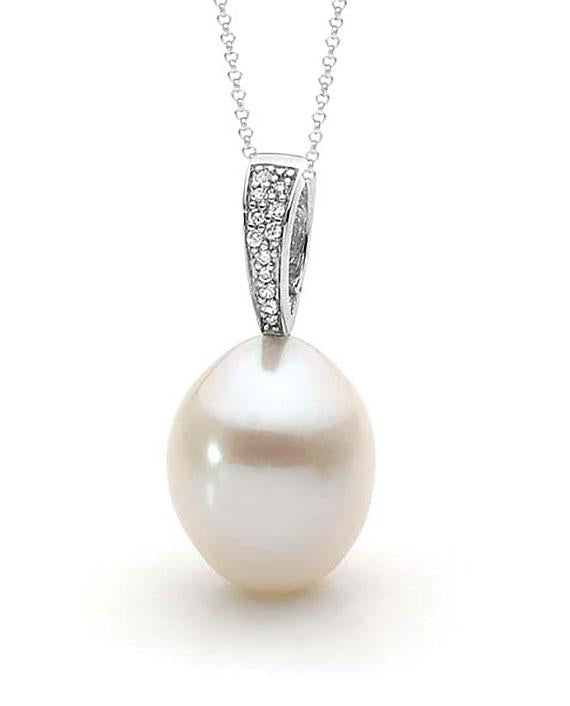 Sterling Silver Cubic Zirconia Enhancer with large oval drop White Freshwater Pearl