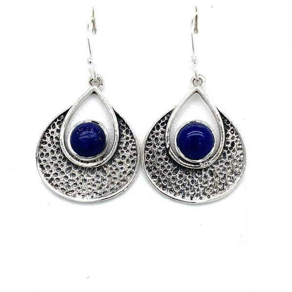 Sterling Silver Pattern Lapis Gemstone Hook Earrings