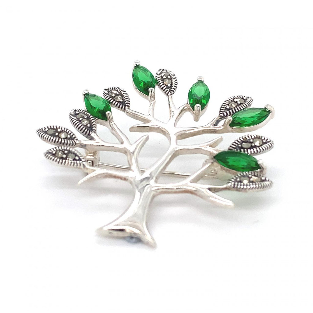 Silver Marcasite Tree Brooch with Green Stones