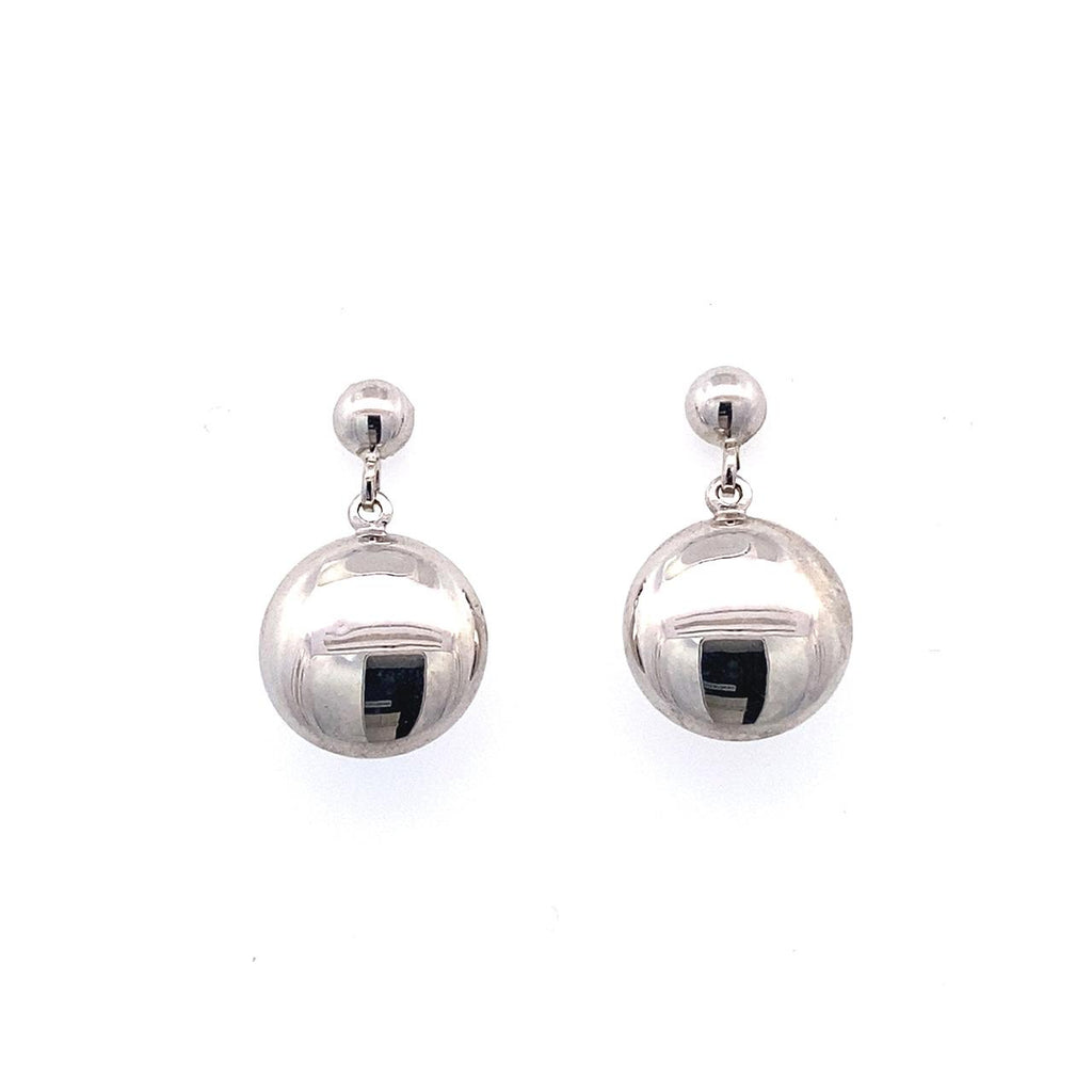 9ct White Gold Shiny Button Drop Stud Earrings