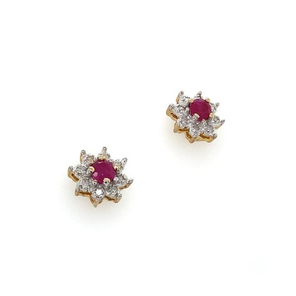 9ct Yellow Gold Natural Ruby And Diamond Cluster Stud Earrings