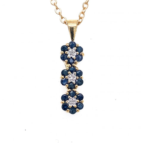 9ct Yellow Gold Australian Sapphire & Diamond 3 x Flower Design Pendant