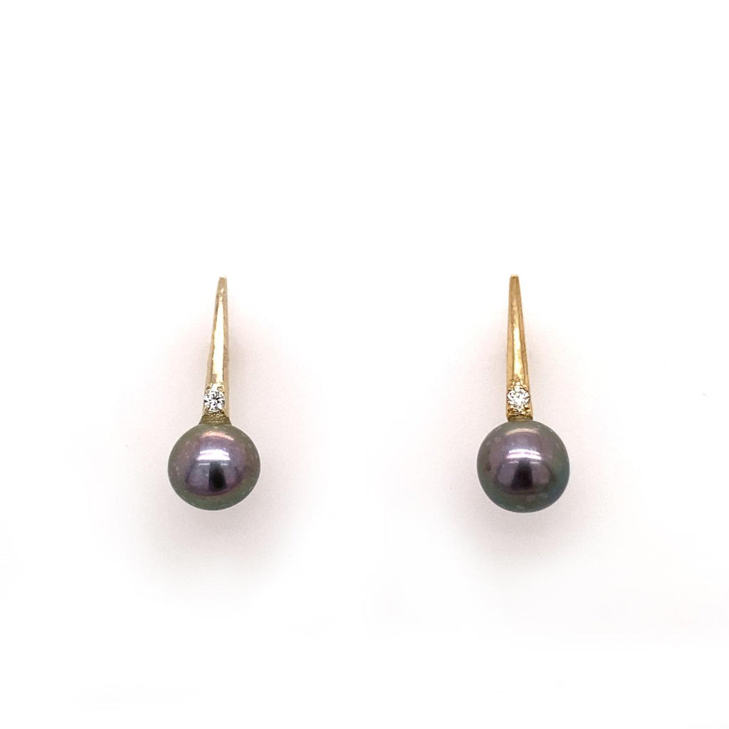 9ct Yellow Gold Black Freshwater Pearl And Diamond Stud Earrings