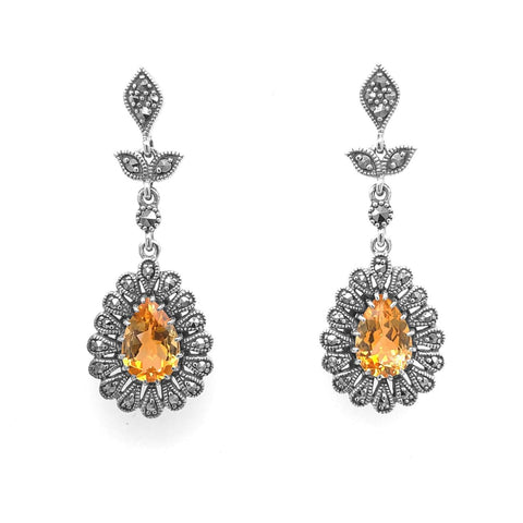 Sterling Silver Citrine & Marcasite Drop Earrings