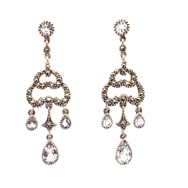 Sterling Silver Chandelier Drop Earrings With Marcasite And Clear Topaz 