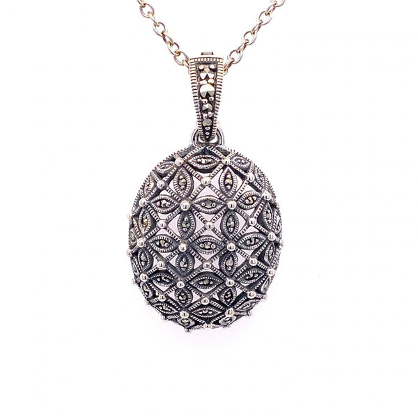 Sterling Silver And Marcasite Domed Oval Pendant With Chain
