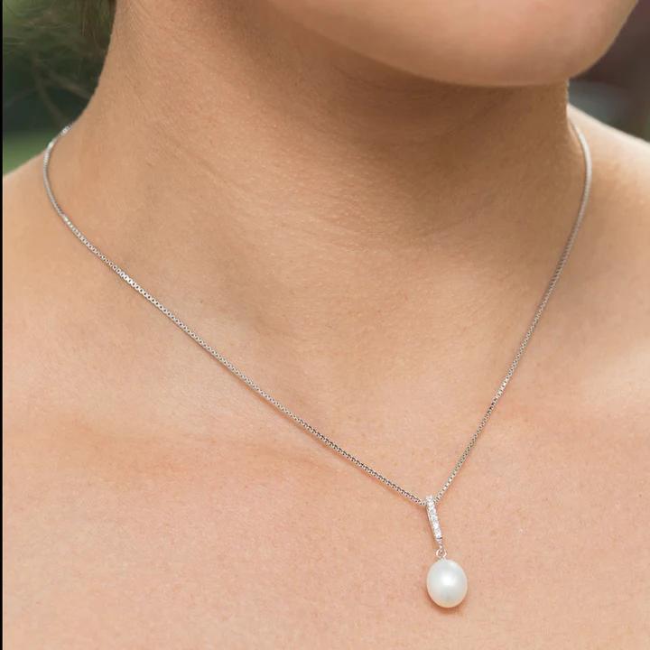 Sterling Silver White Freshwater Pearl With Cubic Zirconia Pendant And Chain