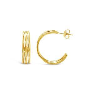 Yellow Gold Plated 3 x band Stud Hoop Earrings, 25mm 