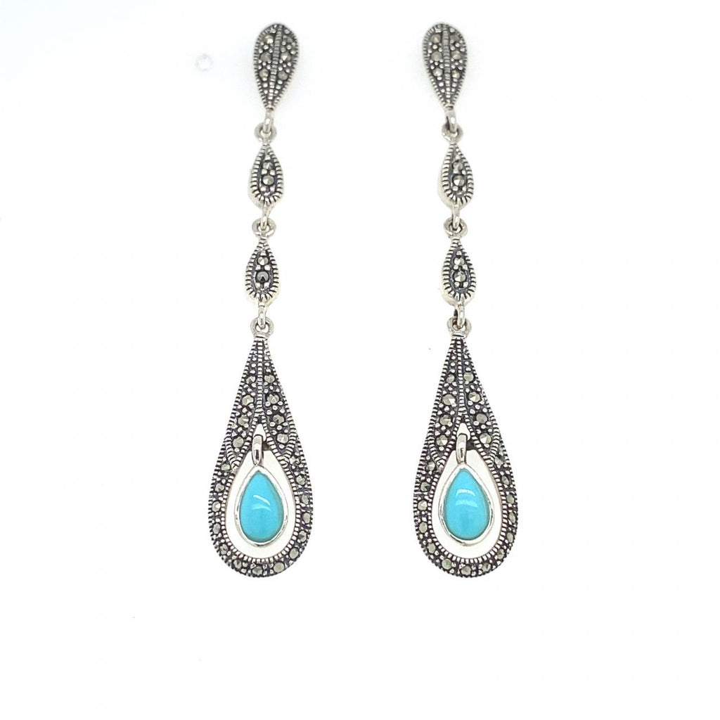 Sterling Silver Turquoise and Marcasite Long Stud Drop Earrings