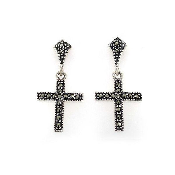 Sterling Silver Marcasite Cross Drop Earrings