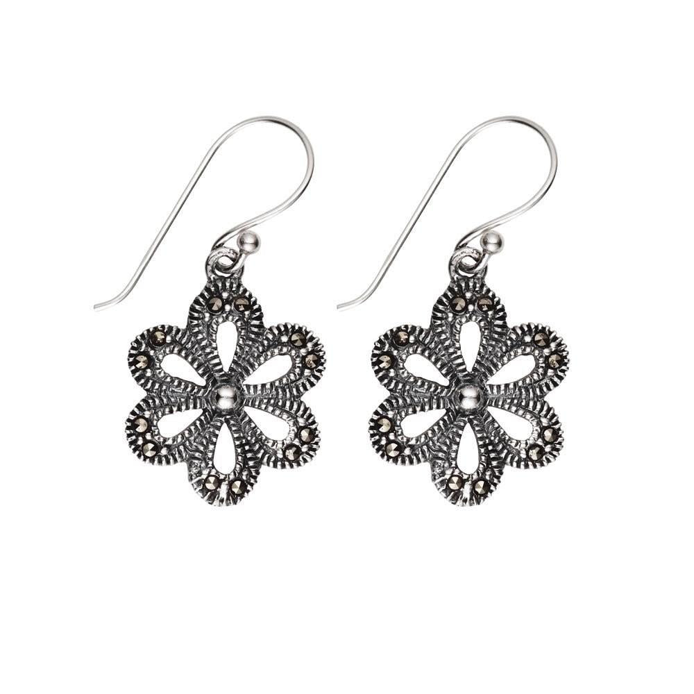  	Sterling Silver Marcasite Flower Drop Earrings