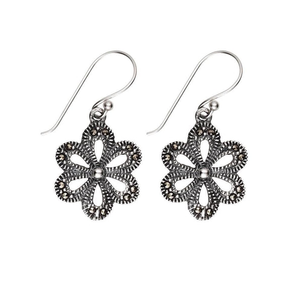  	Sterling Silver Marcasite Flower Drop Earrings