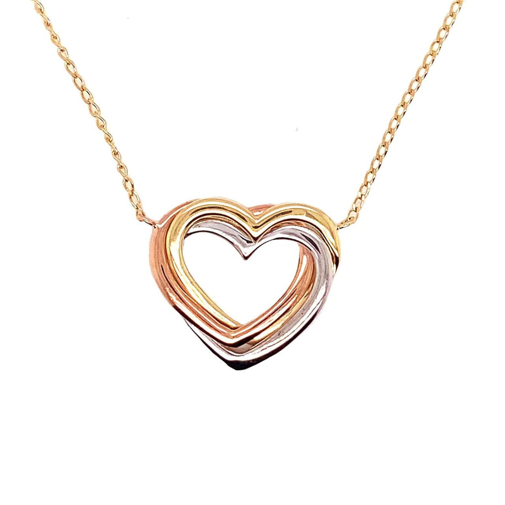 9ct 3tone Heart Pendant with open oval curb link 45cm Chain. Pendant measures 18 x 20mm