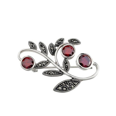 Sterling Silver Garnet Marcasite Brooch