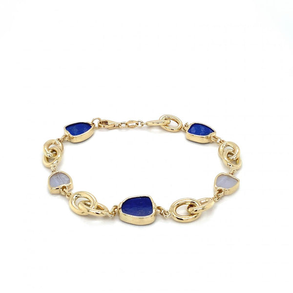 9ct Yellow Gold Blue Lapis And Blue Lace Agate Gemstone Bracelet 
