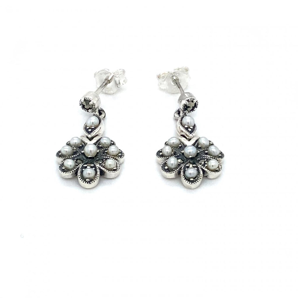 Sterling Silver Marcasite Seed Pearl Flower Drop Earrings