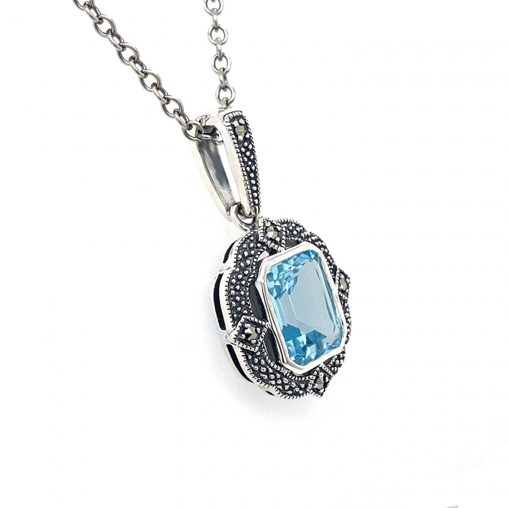 Sterling Silver Marcasite Blue Topaz Pendant And Chain Set