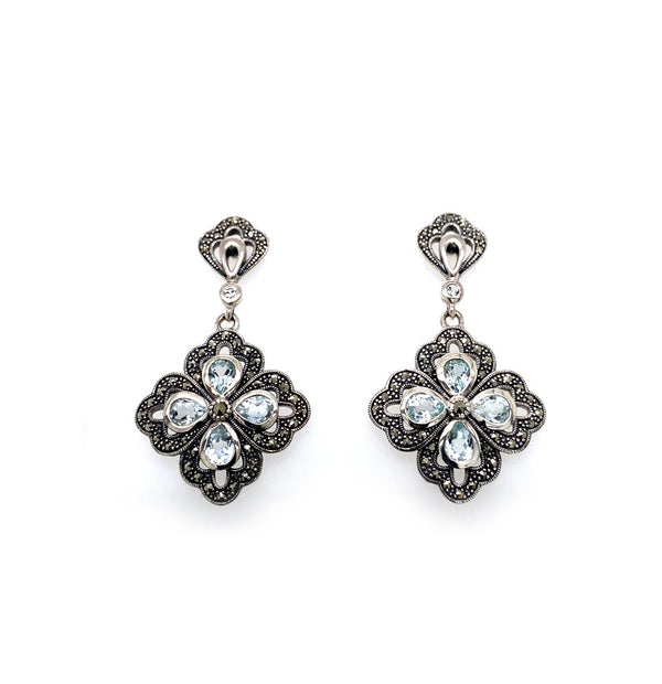  	Sterling Silver Blue Topaz Marcasite Earrings