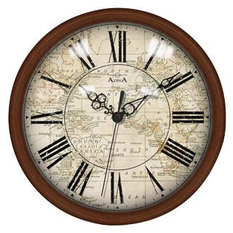 Timber Adina wall clock with map of the world dial/roman numerals