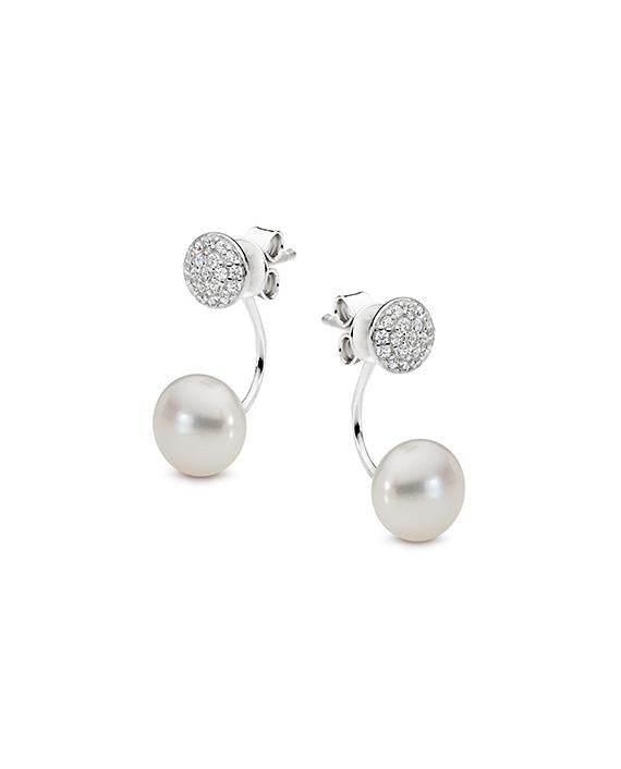 Sterling Silver White Button Freshwater Pearl and Cubic Zirconia Stud Earrings