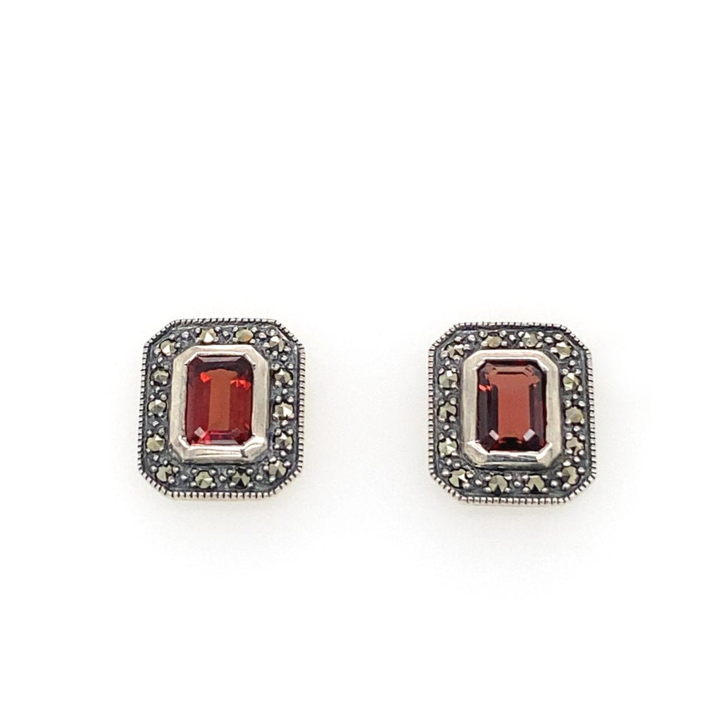 Sterling Silver Stud Garnet and Marcasites Earrings