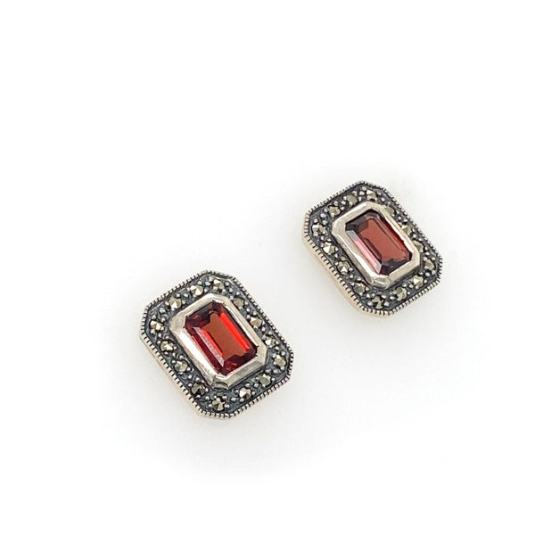 Sterling Silver Stud Garnet and Marcasites Earrings