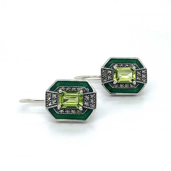 Sterling Silver Peridot, Green Enamel And Marcasite Drop Earrings 