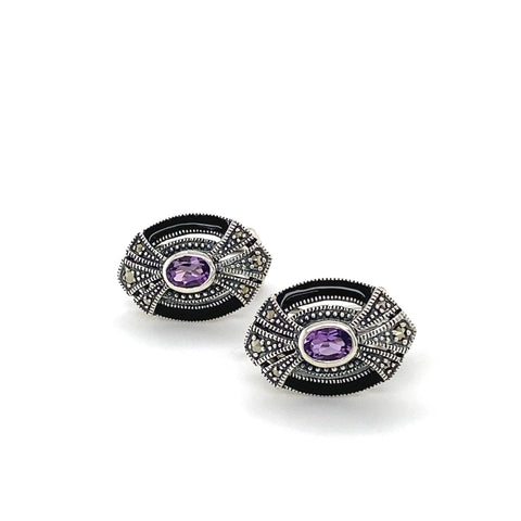 Black Enamel And Marcasite Stud Earrings