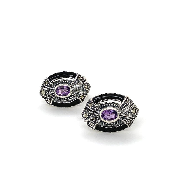 Sterling Silver Amethyst, Black Enamel And Marcasite Stud Earrings