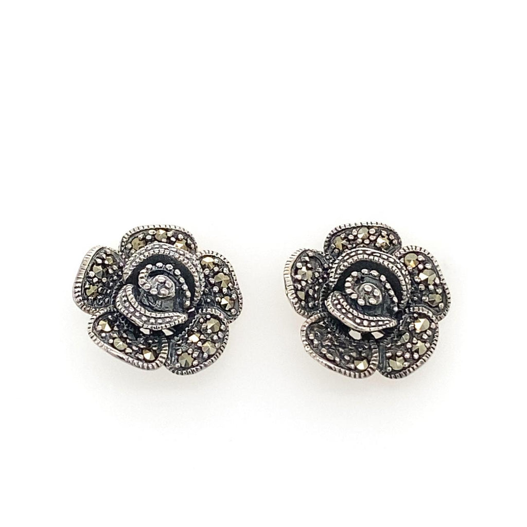  	Sterling Silver Marcasite Rose Stud Earrings