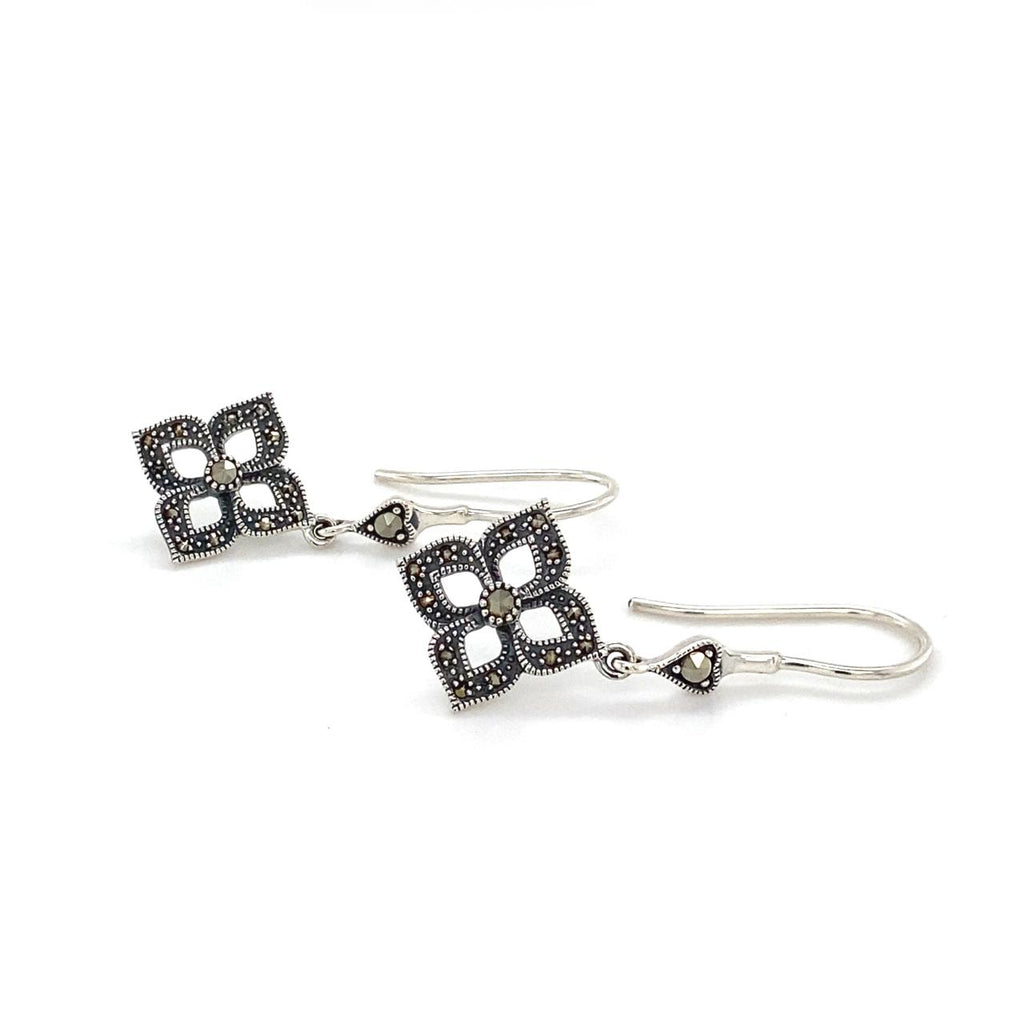 Sterling Silver Flower Marcasite Hook Earrings