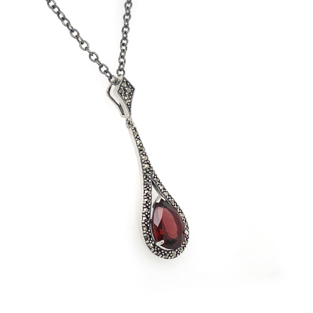 Sterling Silver Garnet And Marcasite Drop Necklace