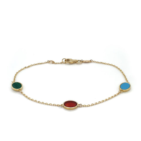 9ct Yellow Gold Carnelian, Turquoise and Malachite Gemstone Bracelet