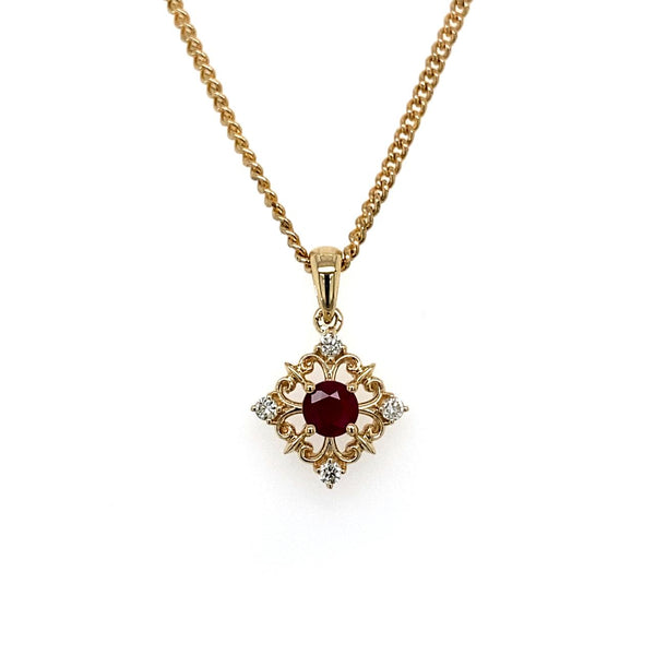 9ct Yellow Gold Ruby and Diamond Filigree Pendant