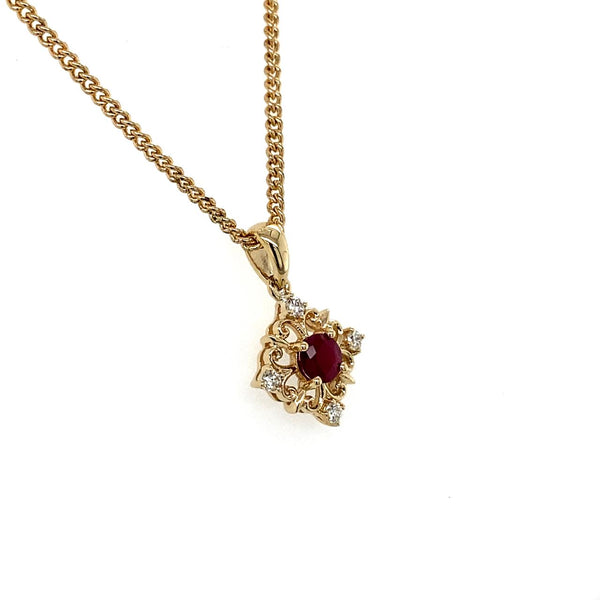 9ct Yellow Gold Ruby and Diamond Filigree Pendant