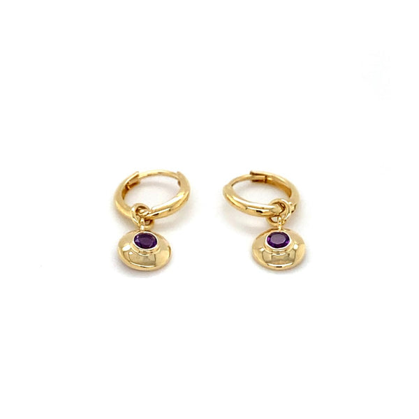  	9ct Yellow Gold Amethyst Huggie Earrings 