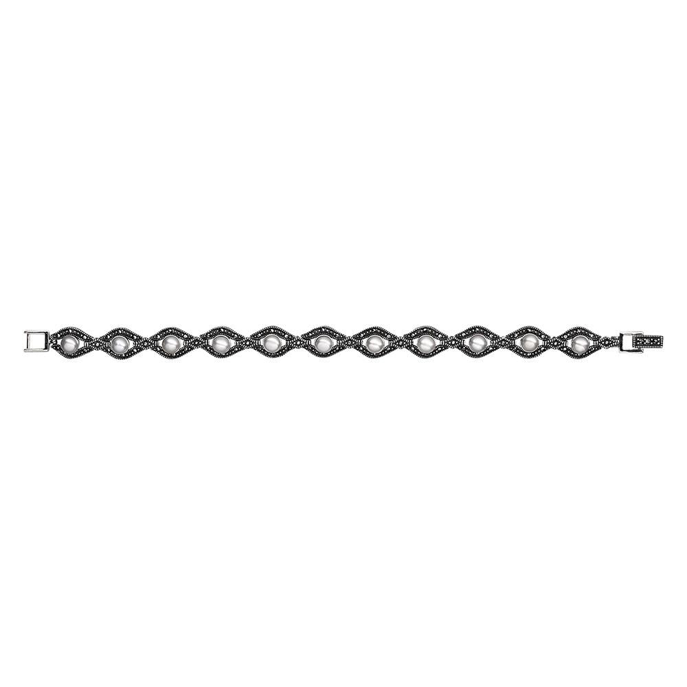  	Sterling Silver Marcasite Pearl Bracelet