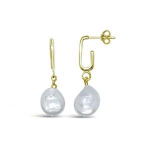 Yellow Gold Plated Stud Earrings with Freshwater Pearl, 3cm drop