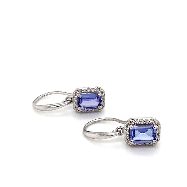 9ct White Gold Emerald Cut Tanzanite and Diamond Halo Hook Earrings