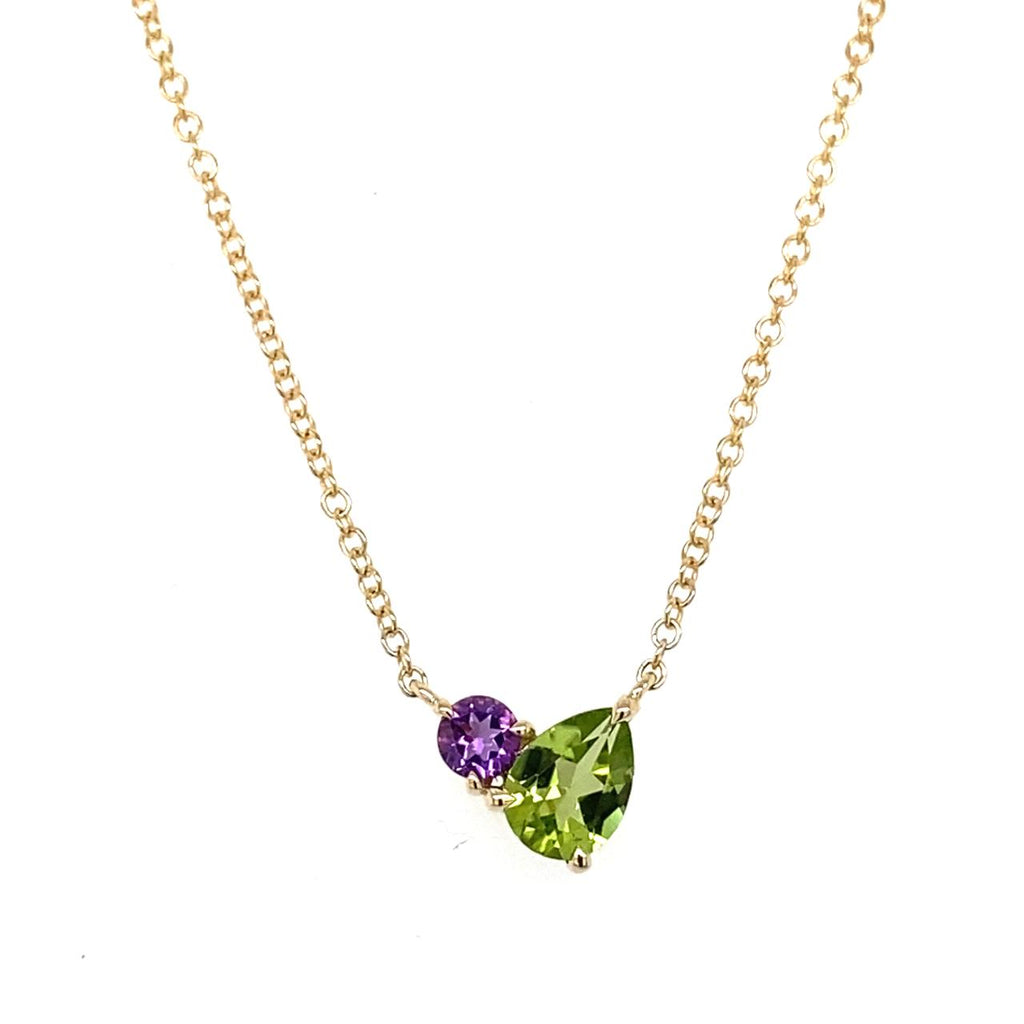 9ct yellow gold teardrop Peridot and round Amethyst Necklet